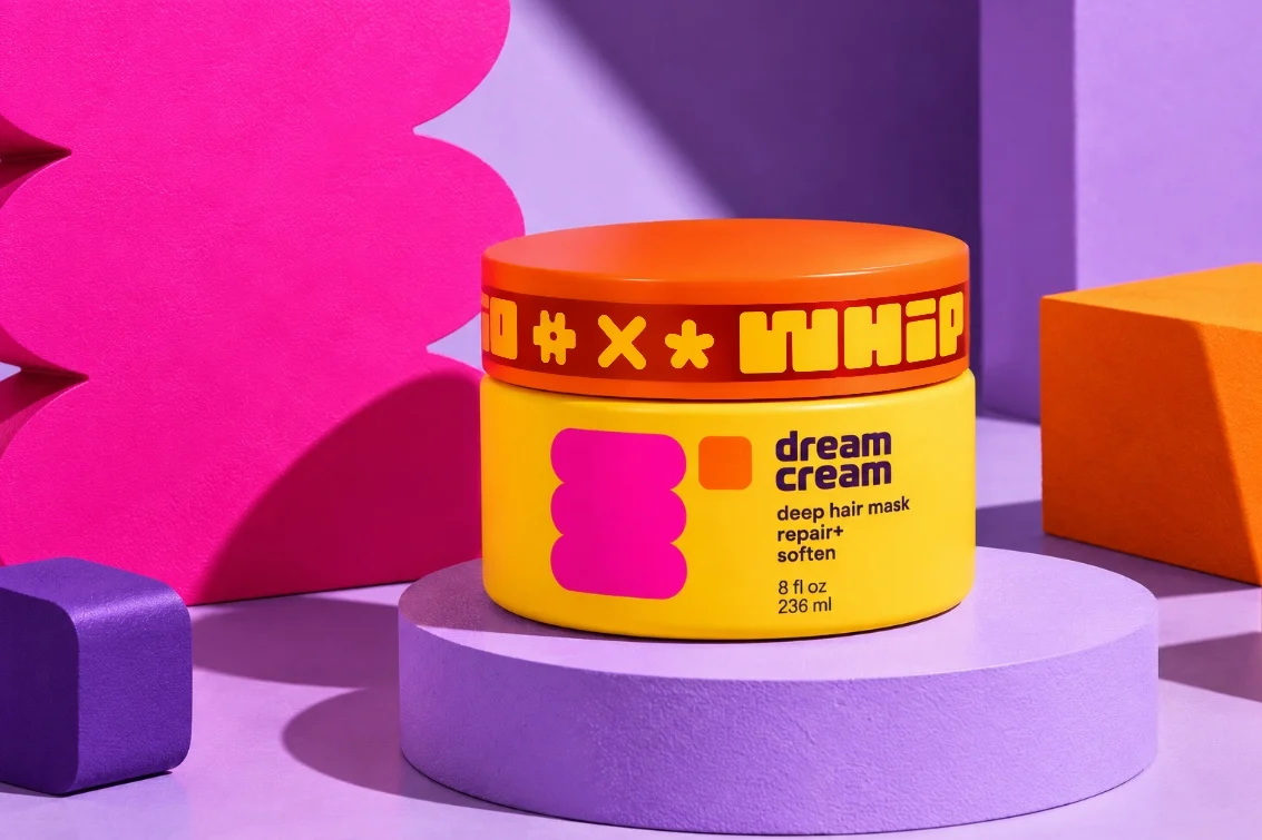 dream cream on a lilac pedestal, a big pink squiggle behind it