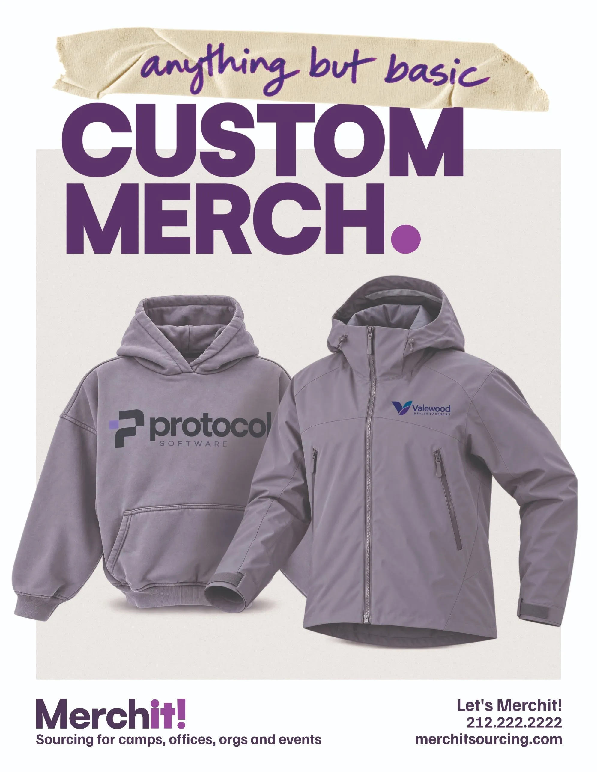 flyer: anything but basic custom merch, a purple hoodie and rain jacket with company logos
