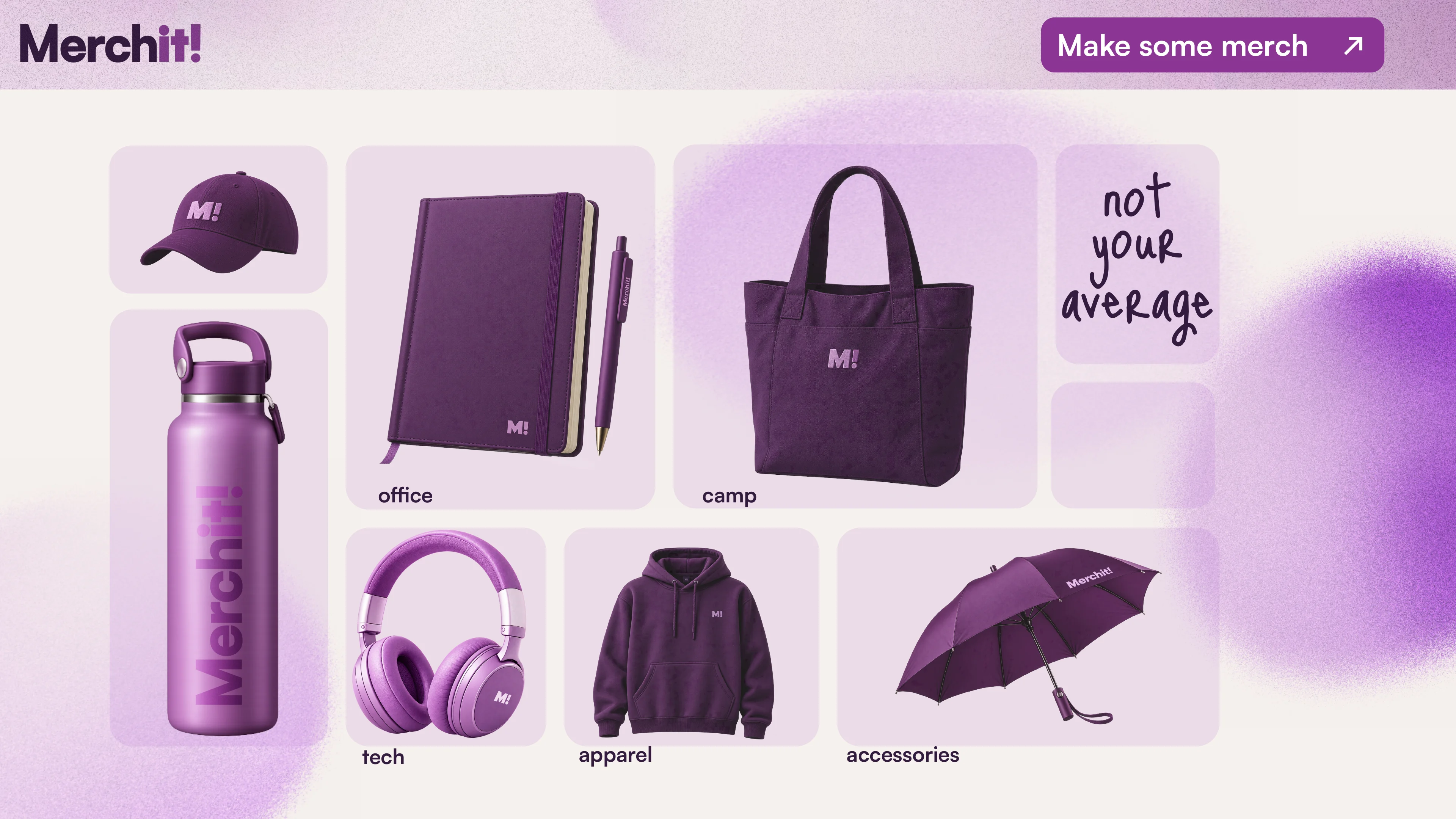 merchit! website, the merch: a grid of purple branded products for office, camp, tech, apparel and accessories