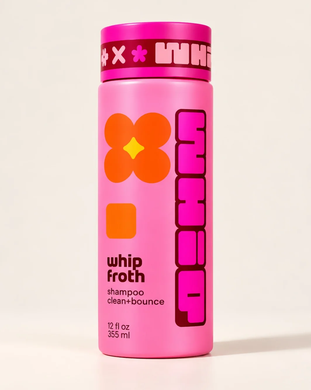 whip froth, a pink bottle with an orange flower